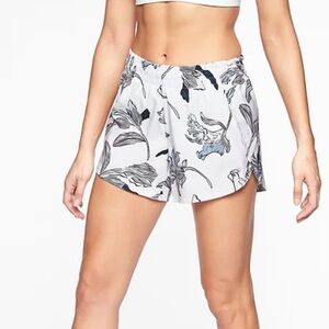 Athleta Racer Run High Waist Floral Print White Running Shorts Lined XS
